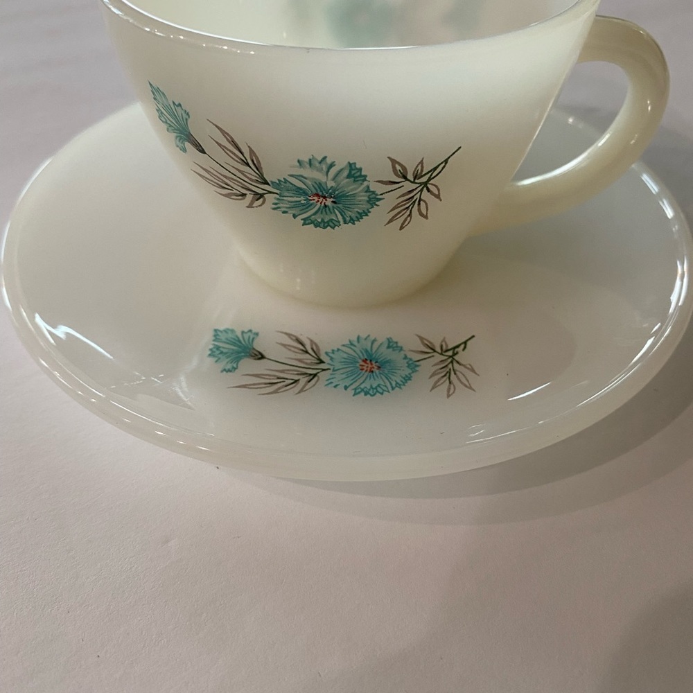 Fire King Vtg Milk Glass Floral Cup & Saucer Set